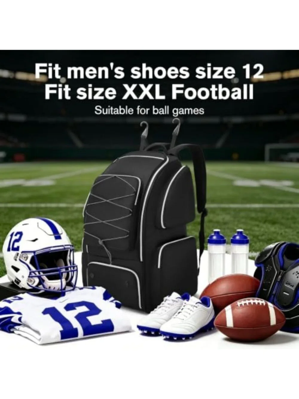 Large Capacity Football Backpack with Shoe Compartment, Padded Straps & Multiple